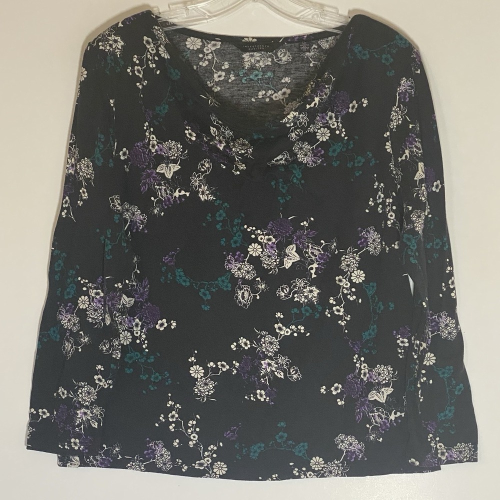 Investments Petites Top Womens PL Black Multi Floral V Neck Boho Casual Comfy‎